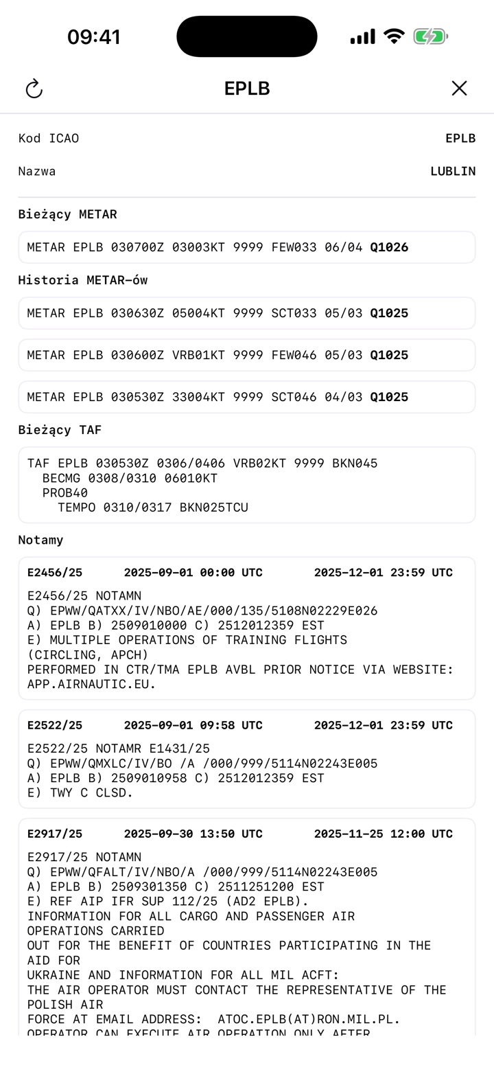 Karta lotniska EPLB z METAR, TAF i NOTAM-ami