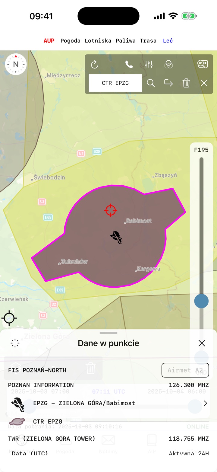 Znaleziona strefa CTR EPZG podświetlona na mapie